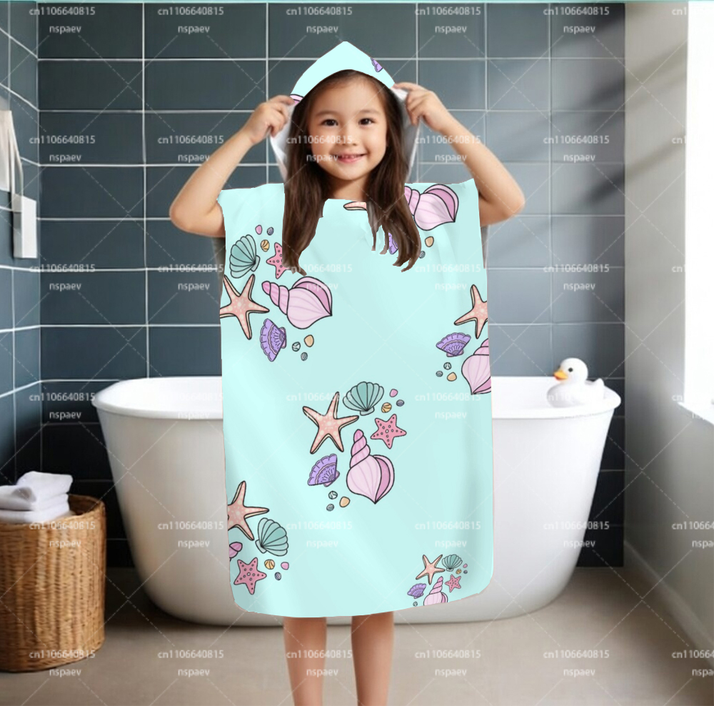 Hooded Bath Towel - 子供用フード付きバスタオル、かわいいヒトデ貝殻プリントの柔らかい吸水性ビーチローブ、幼児女の子用、スイミングプールバスラップ