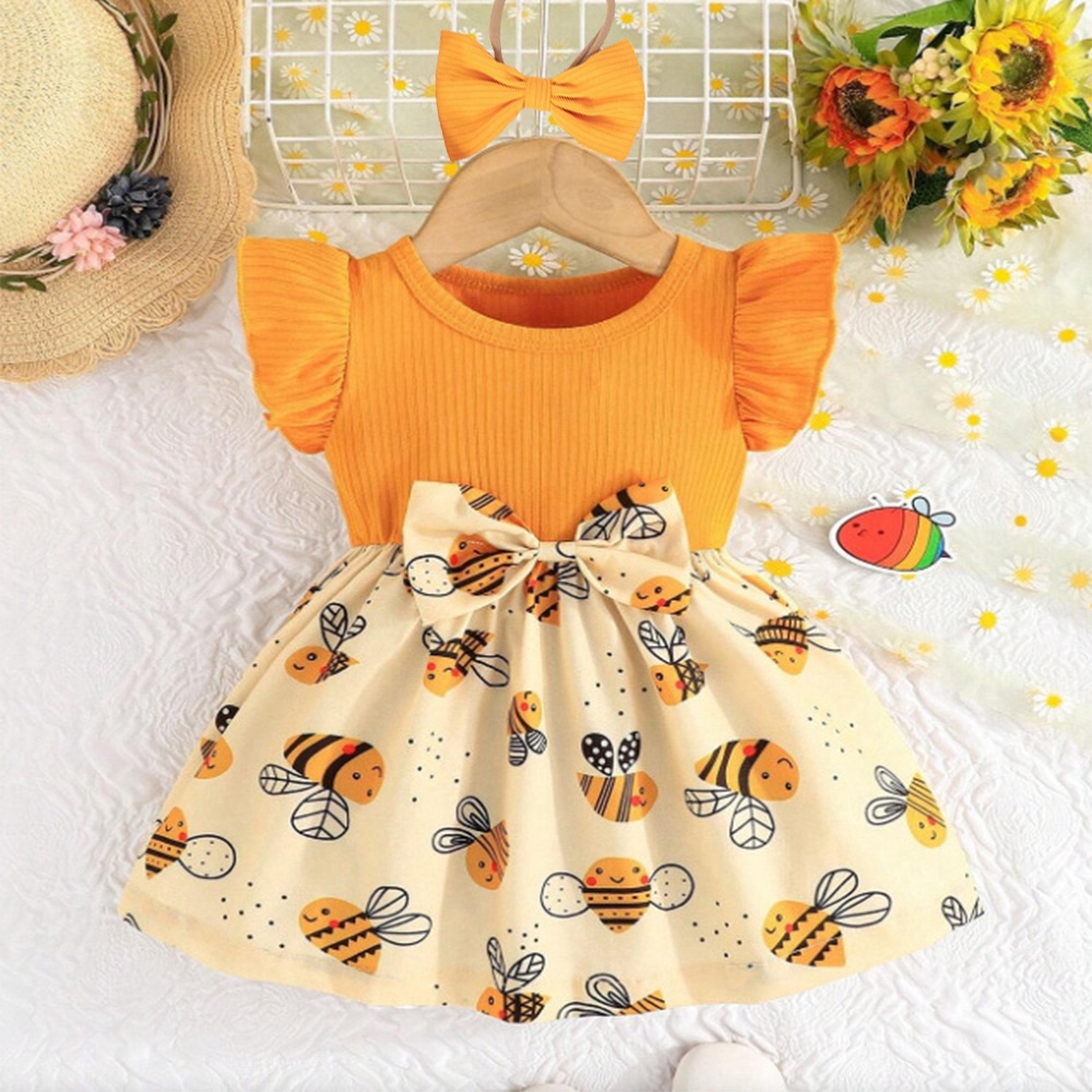 Baby Clothing Yellow - 0〜3歳の女の子のためのノースリーブの黄色のドレス,小さなハエの袖,かわいい蜂の服,弓のヘッドバンド,新しい夏のコレクション