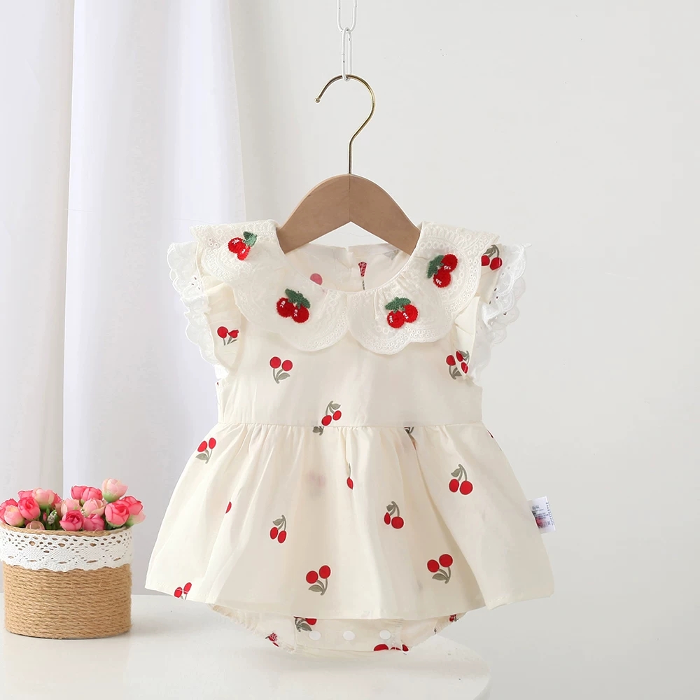 Baby Clothing Outlet - 夏新生児女の子服レースチェリージャンプスーツセット幼児女の子服ベビー 1st 誕生日プリンセスロンパースコートセット