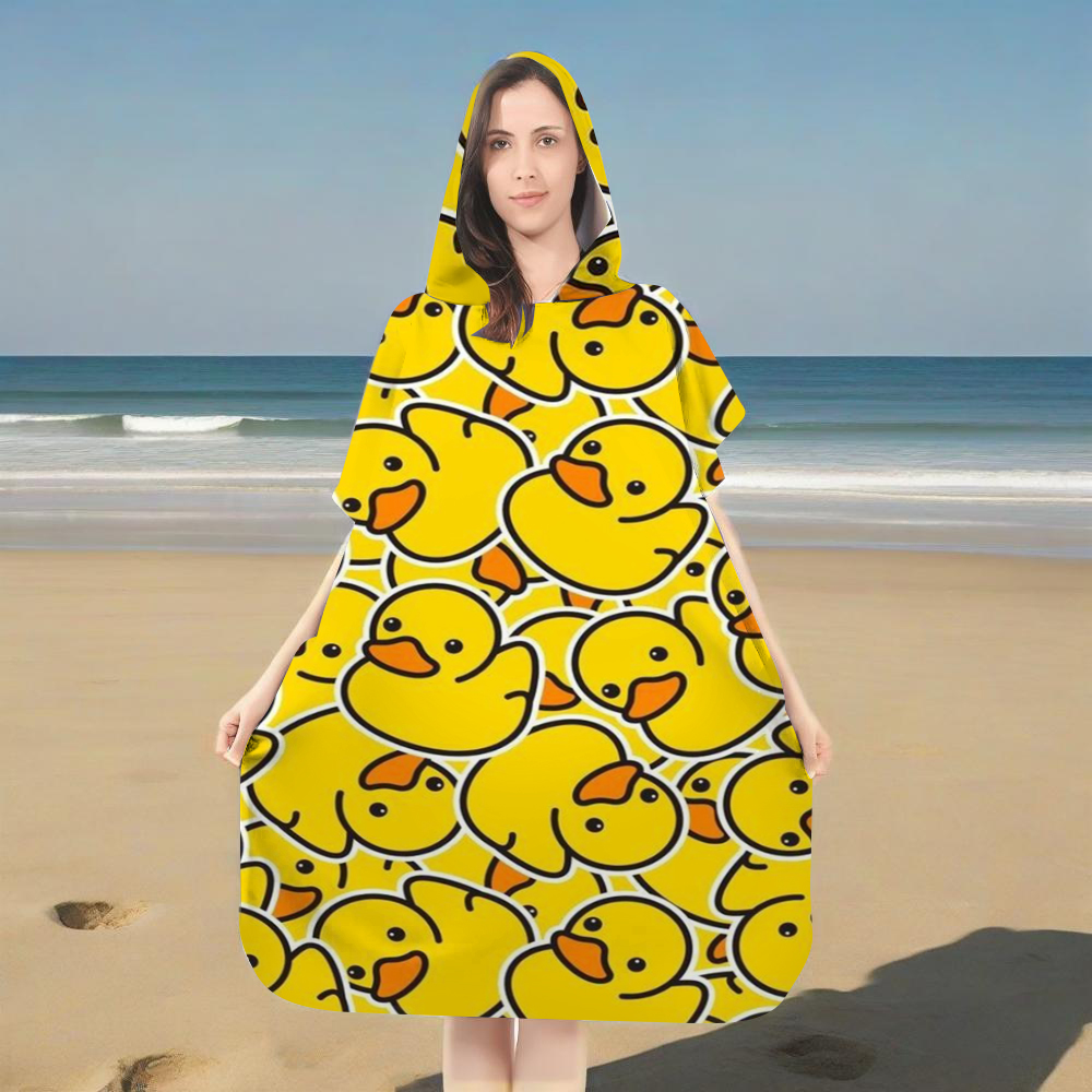 Hooded Bath Towel - かわいい黄色のラバーダックプリントのフード付きビーチタオル、大人と子供向けのマイクロファイバー速乾バスローブ、面白いアヒルのサーフポンチョ