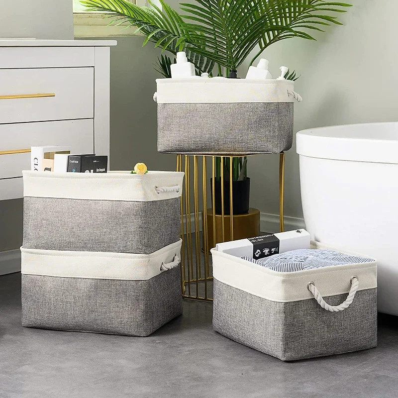 Baby Clothing Basket - リネン製折りたたみ収納バスケット、ロープハンドル付き折りたたみ式雑貨収納ボックス、子供のおもちゃ、本、下着、靴下オーガナイザー