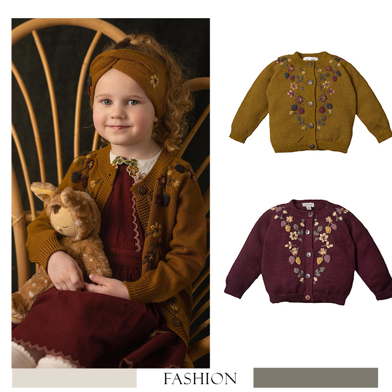 Knit Cardigan Infant - 女の子のための刺繍されたブラックベリーカーディガン、新生児のためのニットセーター、女の子のための暖かいジャケット、秋冬、2024
