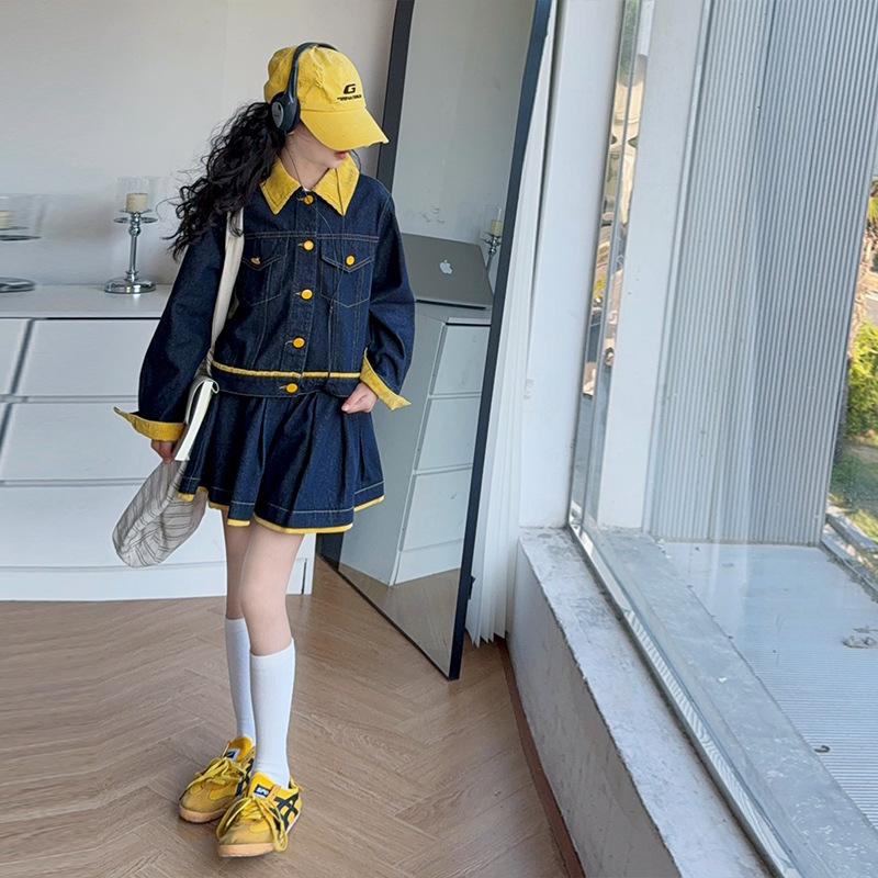 十代の女の子向けトレンドの黄色いラペルデニムジャケットとスカ - Baby Clothing Yellow のレビューと価格