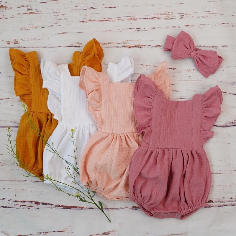 新生児用ダブルガーゼフリルロンパース、ヘッドバンド付き、ベビ - Baby Clothing Organic Cotton のレビューと価格